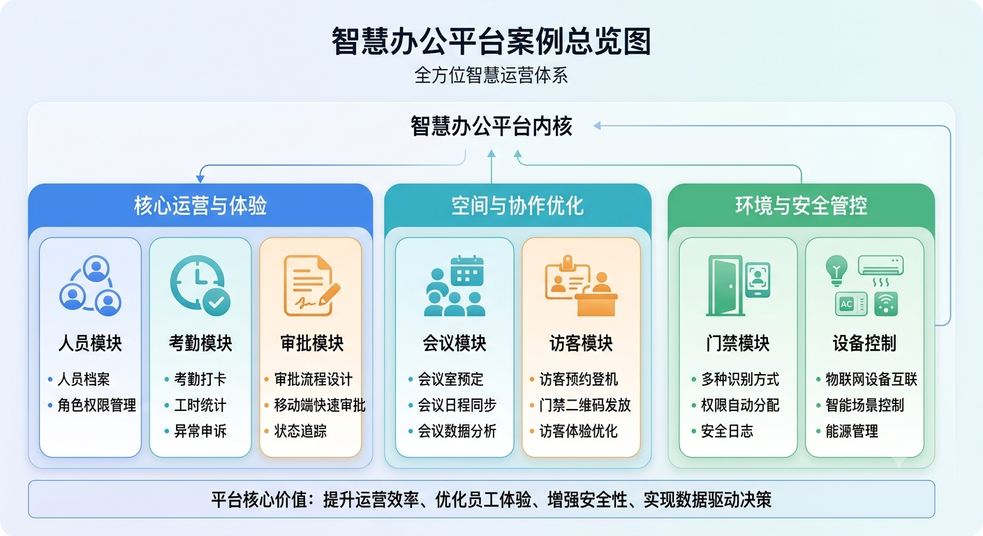 智慧办公人员、考勤、审批、会议、访客、门禁和设备控制总览